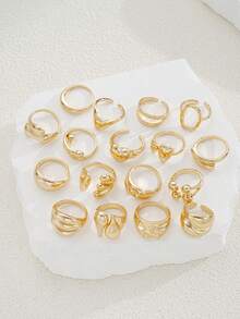 Juego de 17 piezas de anillos de mujer con diseño geométrico de líneas y bolas en estilo retro y punk exagerado, anillos apilables de moda - Amarillo Oro - Ver 4