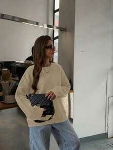 FOR BEAUTY 秋冬新款米色圆领休闲宽松长袖针织套头衫，中长款，日常百搭，通勤针织衫，柔软舒适，可单穿。 - 米杏 - 查看 6