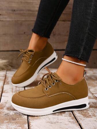 女士新款系带纯色坡跟休闲运动鞋，轻便舒适，适合通勤、旅行、度假等各种场合，四季皆宜。