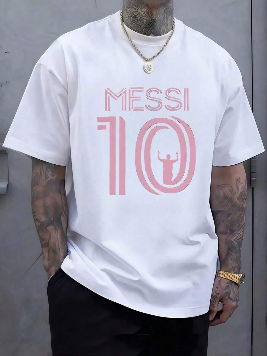 Bold Graphic Featuring Large Number 10 With Triumphant Silhouette Inside Symbolizing Victory And Achievement Paired With MESSI Lettering 100% Cotton Men Tshirt - White - View 1