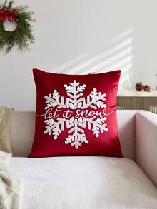 1 buah Sarung Bantal Hias Bordir Motif Salju "Let It Snow" Warna Merah Natal, Cocok untuk Dekorasi Dalam Ruangan, Sarung Bantal Dekorasi Natal, Isian Bantal Tidak Termasuk - Merah - View 2