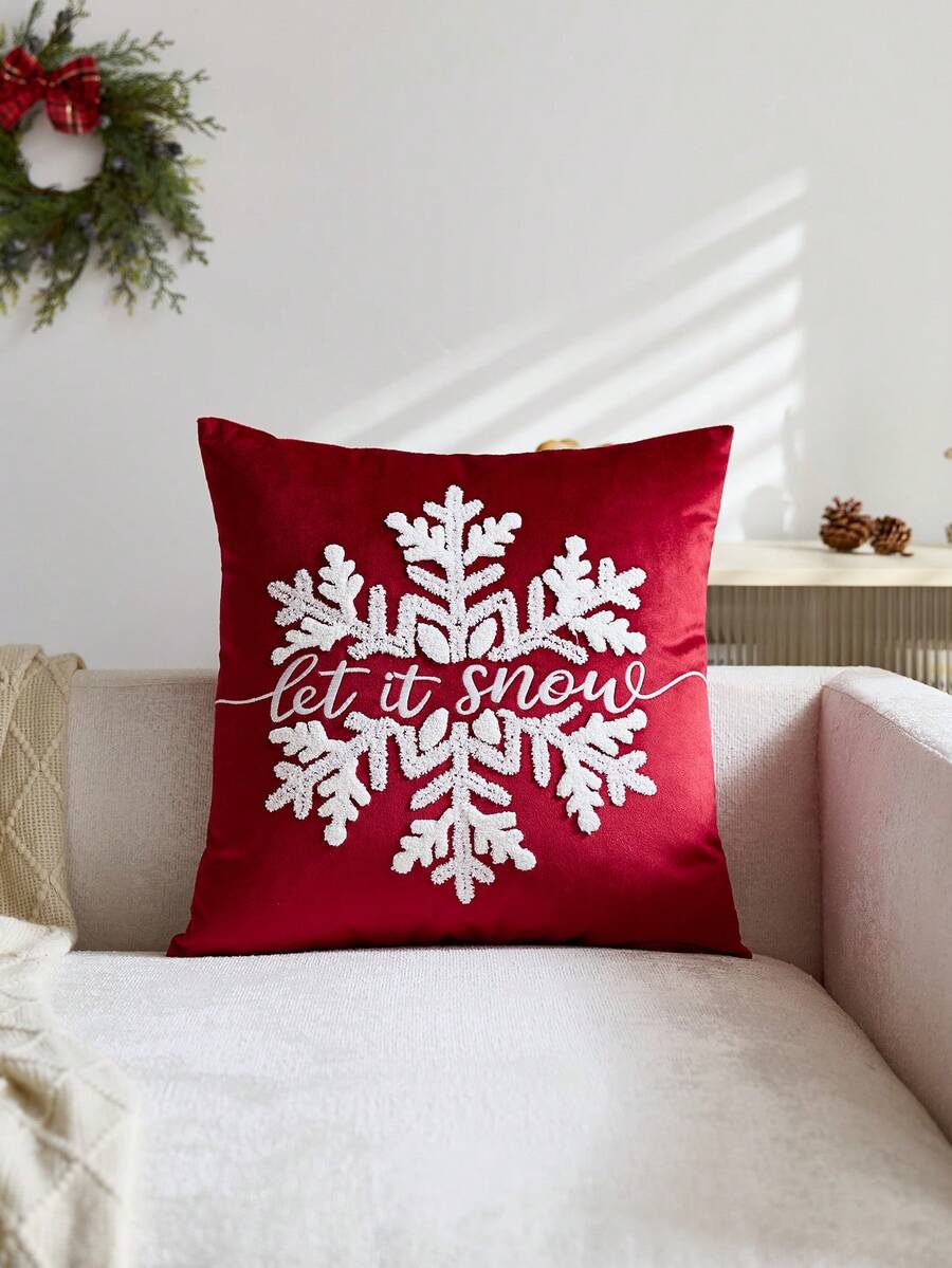 1 buah Sarung Bantal Hias Bordir Motif Salju "Let It Snow" Warna Merah Natal, Cocok untuk Dekorasi Dalam Ruangan, Sarung Bantal Dekorasi Natal, Isian Bantal Tidak Termasuk