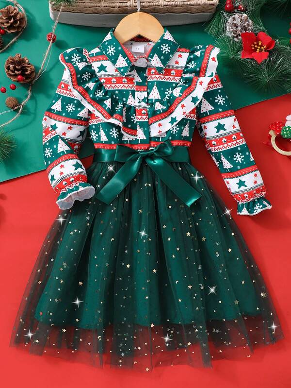 Girls Toddler Collared Long Sleeve Dress, Ruffle Trim Patchwork Cute Half-Button Shirt Collar Mesh Skirt With Belt, Mid-Length Dress, Adorable & Playful For Christmas Holiday Party