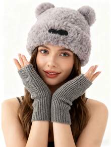 2 Pieces Winter Thickened And Fleece Hat Set, Fleece Knitted Half-Finger Gloves, Fleece Cute Little Bear Warm Hat, Versatile Long Gloves And Wrist Guards, Big Head Knitted Hat, Warm And Fashionable Outfit For Going Out, Festival Gift