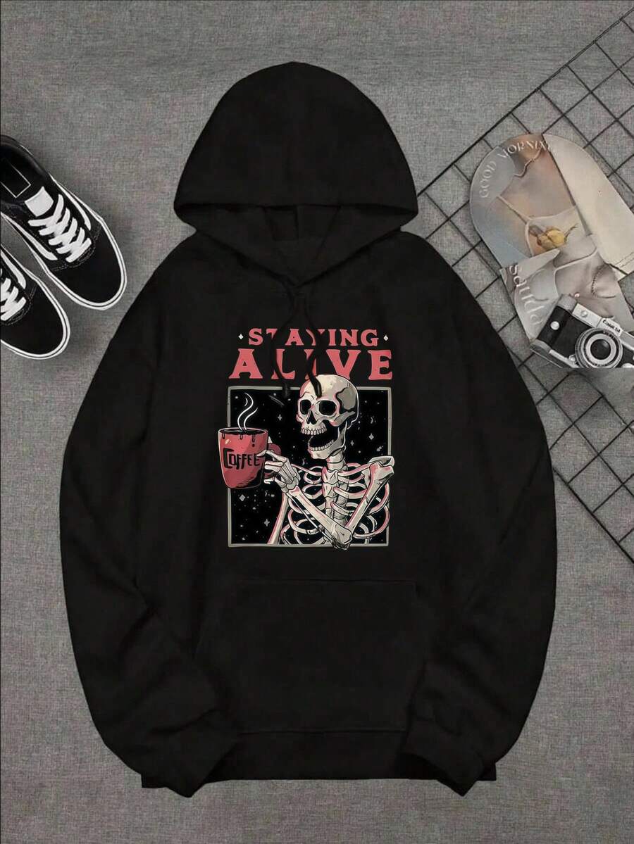 Mens Oversized Hoodies Sweatshirts Fall Fashion 2025 Pullover Sweaters Winter Casual Clothes Sweatshirts With Pockets Loose Fit Long Sleeve Drawstring Design Saying Alive Skeleton Holding Beer Hoody Sweatshirt Autumn Party, Soft Fabric, Casual Wearers Gift For Men Women Size S-3XL Black - 黑色 - 查看 1