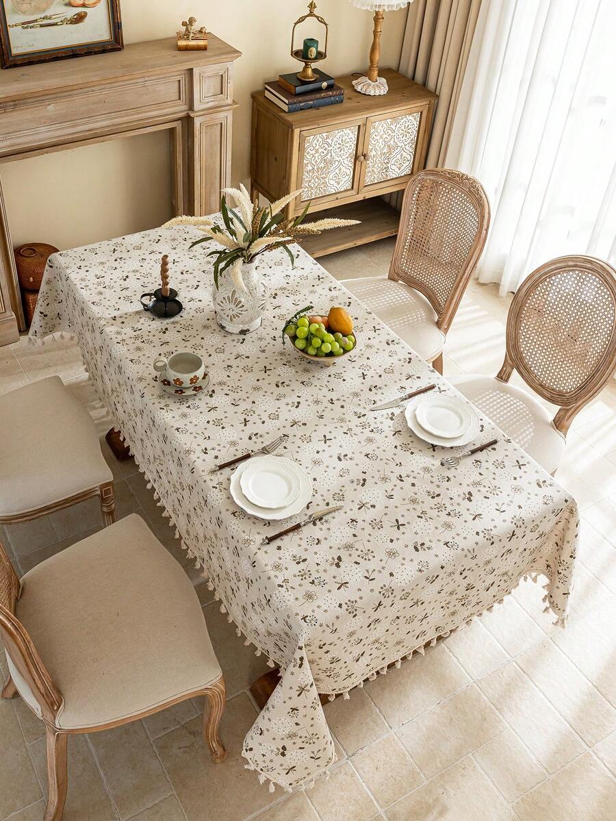 1 件波西米亚餐桌布，花卉印花，流苏边，矩形或圆形，适用于农舍、厨房、客厅、派对、野餐、露营、烧烤、节日装饰、家居装饰、秋季/所有季节 - 米色 - 查看 1