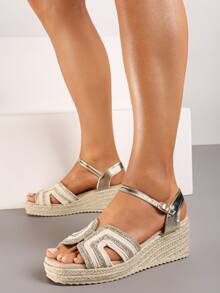Metallic Strap Espadrille Wedges - Summer Casual Sandals - Gold - View 2