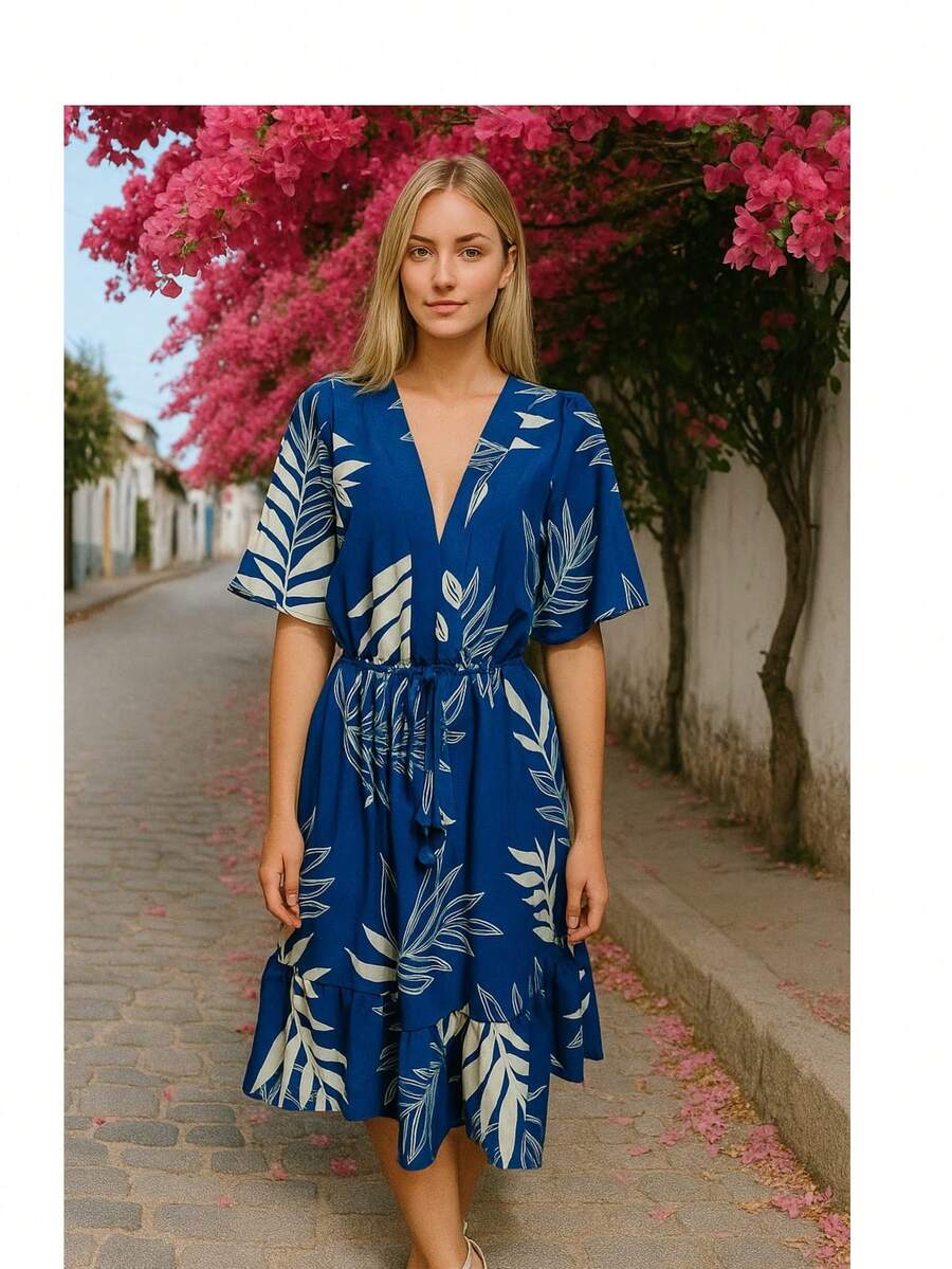 Casual Printed Summer Dress - Blue - View 1