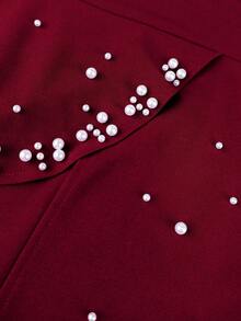 AOMEI Elegant Classy Plus Size Midi Cocktail Dress With V Neck Long Sleeves Ruffle Hem And Delicate Pearl Embellishment Christmas Clothes New Year Dress - Burgundy - View 6