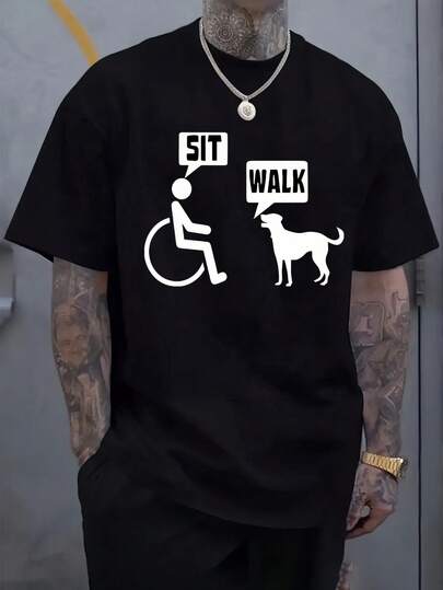 Men'S Casual Black T-Shirt With "Sit" & "Walk" Icons - Short Sleeve, Round Neck, Summer Outdoor Clothing, Comfortable Fit For Outdoor Activities, Outdoor Clothing| Playful Graphic Tee| Comfortable Fit Shirt