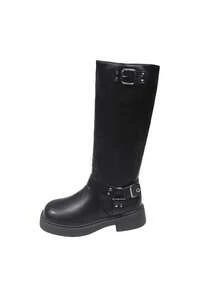 Botas vaqueras de suela gruesa para mujer, botas altas hasta la rodilla con caña en ángulo, tacón grueso