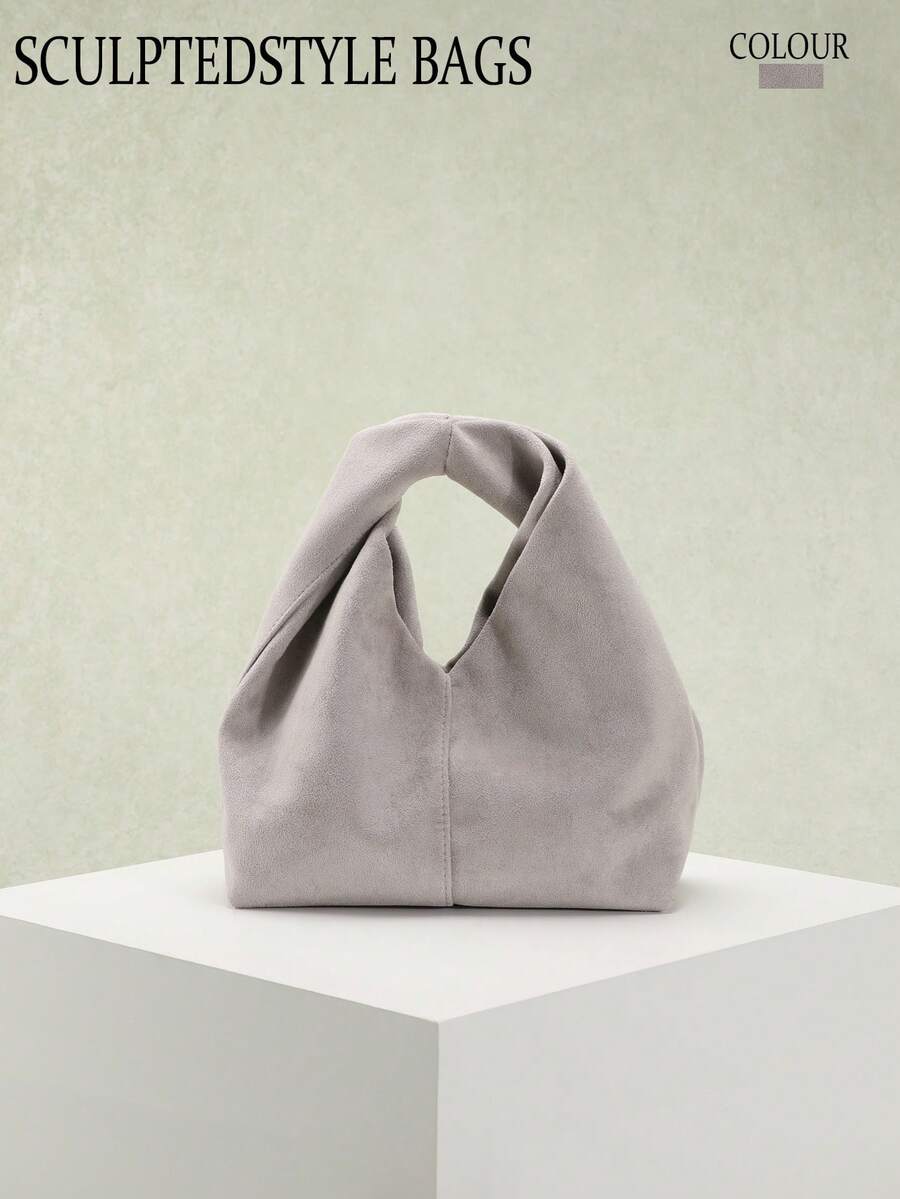 1 件雕塑感包包 秋冬新款复古美拉德灰天鹅绒质感 PU 手提包，简约风格女士托特包，适合搭配风衣通勤 - 淺灰色 - 查看 1