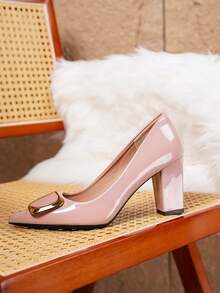 Plus Size Women's Fashion Pointed Toe Green Decor Solid Color Comfortable Chunky Heel Pumps - Pink - View 3