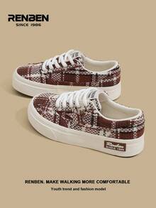 RENBEN 2 piezas/Set Zapatillas de lona con cordones de color marrón casual para mujer, nueva llegada de otoño 2025, estilo de mezclilla, ligeras, suela gruesa, adecuadas para estudiantes de escuela secundaria y universidad