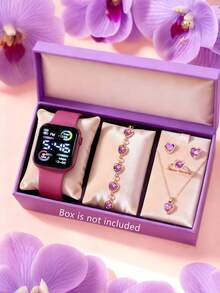 6/1 件全新浪漫、优雅、可爱、时尚、精致 LED 数字显示电子手表，带水钻装饰项链手链戒指耳环首饰套装，适合女孩的生日/节日礼物圣诞节万圣节派对返校季派对日常佩戴装饰优雅礼品套装 - 彩色 - 查看 4