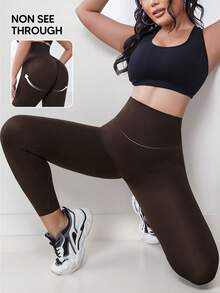 1 件高腰收腹紧身裤，提臀压缩瑜伽裤，无缝健身紧身裤，弹力塑形面料，适合健身房、跑步、健身、日常穿着 - 咖啡棕 - 查看 5