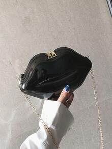 时尚链条亮面唇形女士斜挎包独特迷你包，漆皮小包 - 黑色 - 查看 6