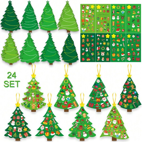 DIY Christmas Tree Card & Sticker Making Kit, Includes 24 Pre-Cut Sticker Pages, Assorted Holiday Shapes (Trees, Snowmen, Bells, Stars) - Vibrant Green & Red, Suitable For Christmas Crafts, Home Activities, Classroom Projects, Party Favors