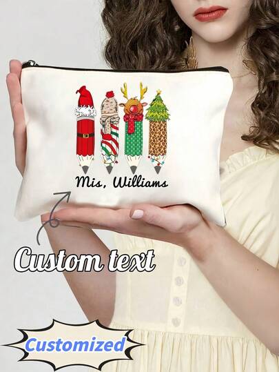 1 Pieza Bolsa de cosméticos personalizada con nombre Gracias Maestro, Regalo personalizado, Cartera de mujer, Bolsa de aseo de viaje de lona, Caja de almacenamiento de cosméticos, Regalo del Día del Maestro de vuelta a la escuela, Multifuncional, Ligero, Funcional, Plegable, Práctico y de Moda, Simple, Minimalista, Unisex