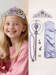8pcs Princess Costume Party Accessories Set, Including Crown, Gloves, Hair Accessories, Wand, Necklace, Earrings, Suitable For Party Occasions