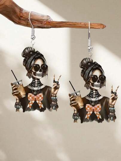 Black Geometric Skull Print Dangle Earrings, Fashionable & Lightweight, Suitable For Everyday And Parties, Couple Earrings, Cool Gift For Halloween To Family, Friends, Classmates