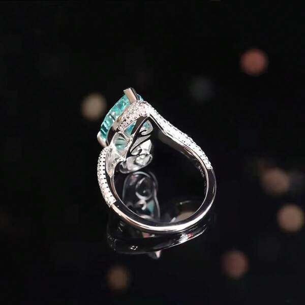 1 Piece Of Fashionable High-End Boutique New Simulated Paraiba Tourmaline Ring Teardrop Pear-Shaped Synthetic Colored Gemstone Open Ring