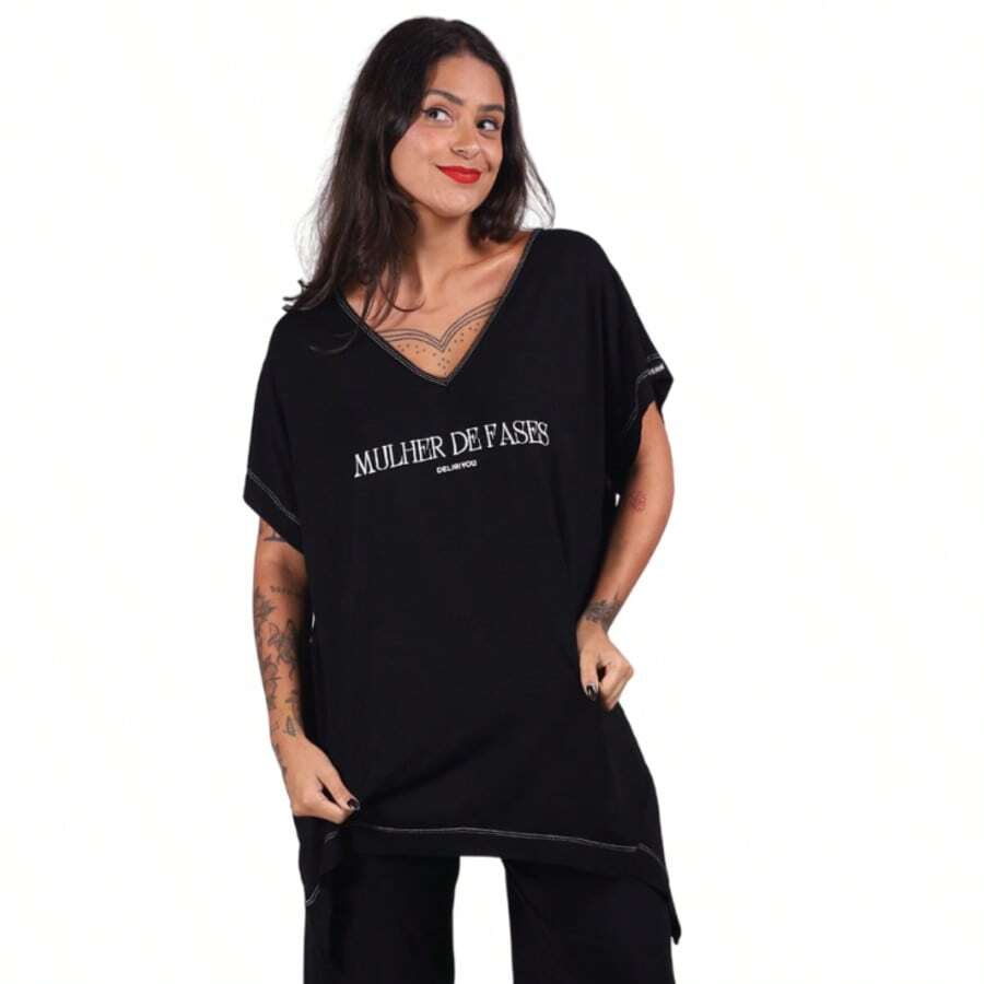 Deliriyou Blusa Feminina Maxi Assimétrica Estampa Fases Lua Mistica - Preto - Visão 1