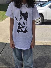 2YK Retro Aesthetic T-Shirt Nineties Rock Cat Kitten Rocker Vintage - trắng - Xem 3