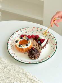 1pc Enamel Flower Pattern Plate, High-Quality Ins Style Breakfast/Dessert/Fruit Plate, Floral Design Enamel Dish For Home Use