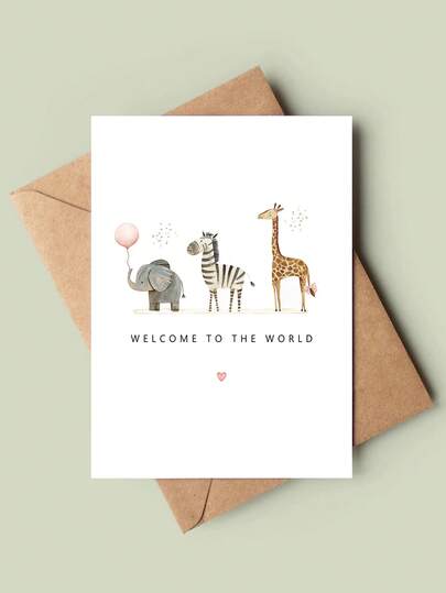1x Welkom in de wereld van nieuwe ouders kaart - Schattig aquarel dierenontwerp met olifant, zebra en giraf - Leuk cadeau voor een babyshower of verjaardagscadeau voor kleinkinderen, dochters en zonen - Babyshower cadeau voor kinderen | Speelse illustratie | Papieren kaart, Babyshower cadeaus voor kinderen