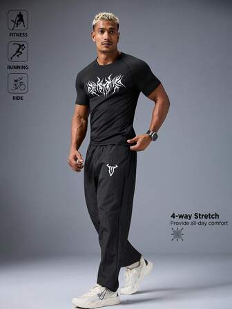 Manfinity Sport Polished 男友风格男士休闲时尚哥特式图案印花插肩袖上衣和长裤运动套装，适合夏季。黑色健身套装，健身服套装，健身服，运动服套装，哥特健身服健身套装健身上衣秋季透气