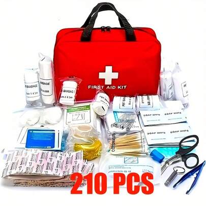 Kit de primeiros socorros portátil com 210 peças, projetado para atendimento de emergência domiciliar. Adequado para carro, escritório, esportes, casa, escola e viagem.