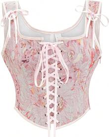 Women's Waist Cincher Bustier Boned Corset With  Design In 2025 - Pink Chrysanthemum - View 9