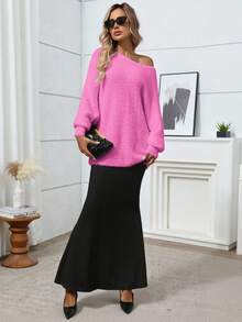 Suéter holgado de manga de murciélago de unicolor talla grande - Rosa - Ver 7