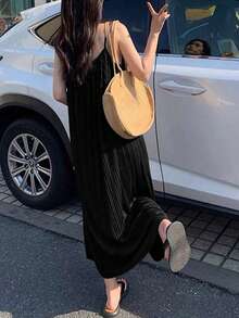 Solid Color Spaghetti Strap Straight Loose Ribbed Casual Mid-Length Dress For Women, Spring/Summer Elegant Black - Black - View 5