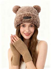 2 Pieces Winter Thickened And Fleece Hat Set, Fleece Knitted Half-Finger Gloves, Fleece Cute Little Bear Warm Hat, Versatile Long Gloves And Wrist Guards, Big Head Knitted Hat, Warm And Fashionable Outfit For Going Out, Festival Gift