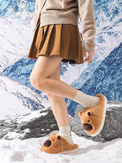 2025 Winter Cartoon Slippers For Women, Couple Gifts, Cute Style Brown Color Plush Couples Thermal Slippers, Warm & Comfortable Animal-Themed, Washable Indoor House Shoes With Cozy Fabric Lining And Cushioned Fabric Insole, Available In Men's Size