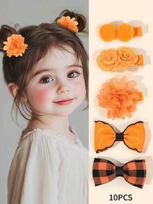 10pcs Orange Hair Bows For Girls Orange Flower Bow Barrettes Gingham Bow Hair Clips Orange Grosgrain Ribbon Bow Hairpins Fashion Bow Clips Alligator Clips Casual Daily Headpiece Kids Baby Fall Hair Accessories