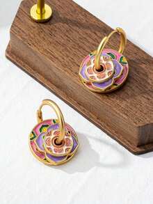 1 par de pendientes de aro de aleación de cobre con esmalte colorido en forma de trébol y geométrica, de moda y versátiles, pendientes de mujer para el Día de la Madre y regalo de Navidad, a - Corazón rosa claro - Ver 14