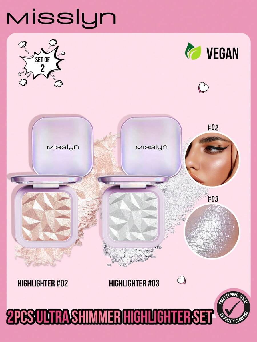 MISSLYN - 2支装高光套装，超闪亮高光，提亮肤色，打造光彩妆容，银色珠光高光，提亮肤色，高显色度柔滑配方，自然光泽 - #2+#3 - 查看 1