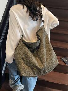 时尚大容量橄榄绿豹纹水洗复古帆布托特包，简约休闲百搭拉链开合单肩包，适合日常使用、上学、短途旅行、街头风格，可折叠拼布斜挎包，休闲流浪包，户外露营邮差包 - 墨綠色 - 查看 3