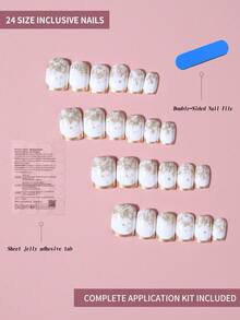 24片/套 中号方形金色亮面法式美甲贴纸，适合短指甲，带有金色闪粉和星星图案，完全贴合亚克力假指甲，包含1片果冻胶和1个指甲锉，适合女性和女孩日常工作、学习和派对使用。 - 彩色 - 查看 3