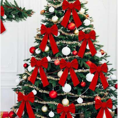 6/12 Pieces Of Christmas Bows, Suitable For Christmas Tree Decoration, Wall Decoration, Gift Wrapping Bows, Festive Atmosphere Setting, Birthday Parties, And Wedding Decoration