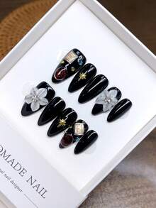 10 piezas de uñas postizas hechas a mano, de forma de almendra, con diseños pintados a mano en estilo europeo y americano, para aplicar