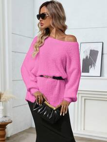 Suéter holgado de manga de murciélago de unicolor talla grande - Rosa - Ver 5