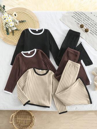 3 Sets (6pcs) Girls Casual Solid Color Soft Comfortable Ribbed Knit Fabric Long Sleeve Top And Flare Pants Outfit, Suitable For Outdoor Wear, Autumn/Winter