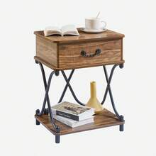 VECELO Set Of 2 Industrial Nightstand With X-Design Frame - Drawer End Table For Bedroom Living Room, 23.6" Retro Side Table,Brown - 棕色 - 查看 8