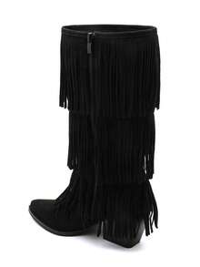 Bottes Hautes à Franges Effet Daim – Style Western Chic - Black - View 4