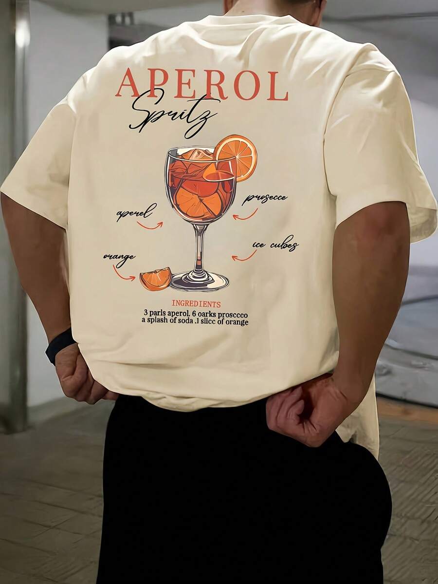 Men's Aperol Spray Print T-Shirt - Black Polyester, Relaxed Fit, Crew Neck, Short Sleeve, Orange And White Print Summer Casual Shirt, Machine Washable, Beach Top | Plain Fabric - Màu be - Xem 1