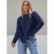 2025  Women's Oversized Cable Knit Crewneck Sweaters - Navy Blue - View 2